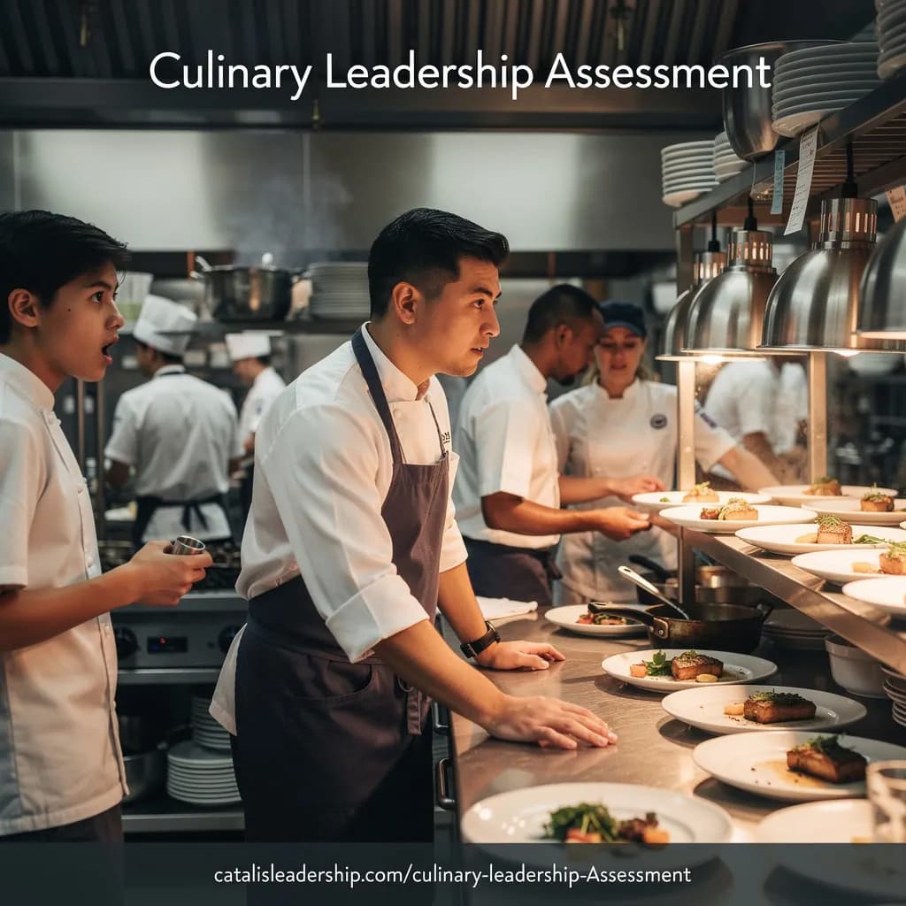 Professional chef in white coat and apron overseeing plated dishes in busy commercial kitchen with team members