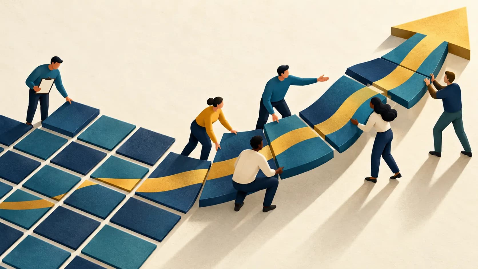 Team members assembling blue tiles into an upward arrow, symbolizing collaborative progress