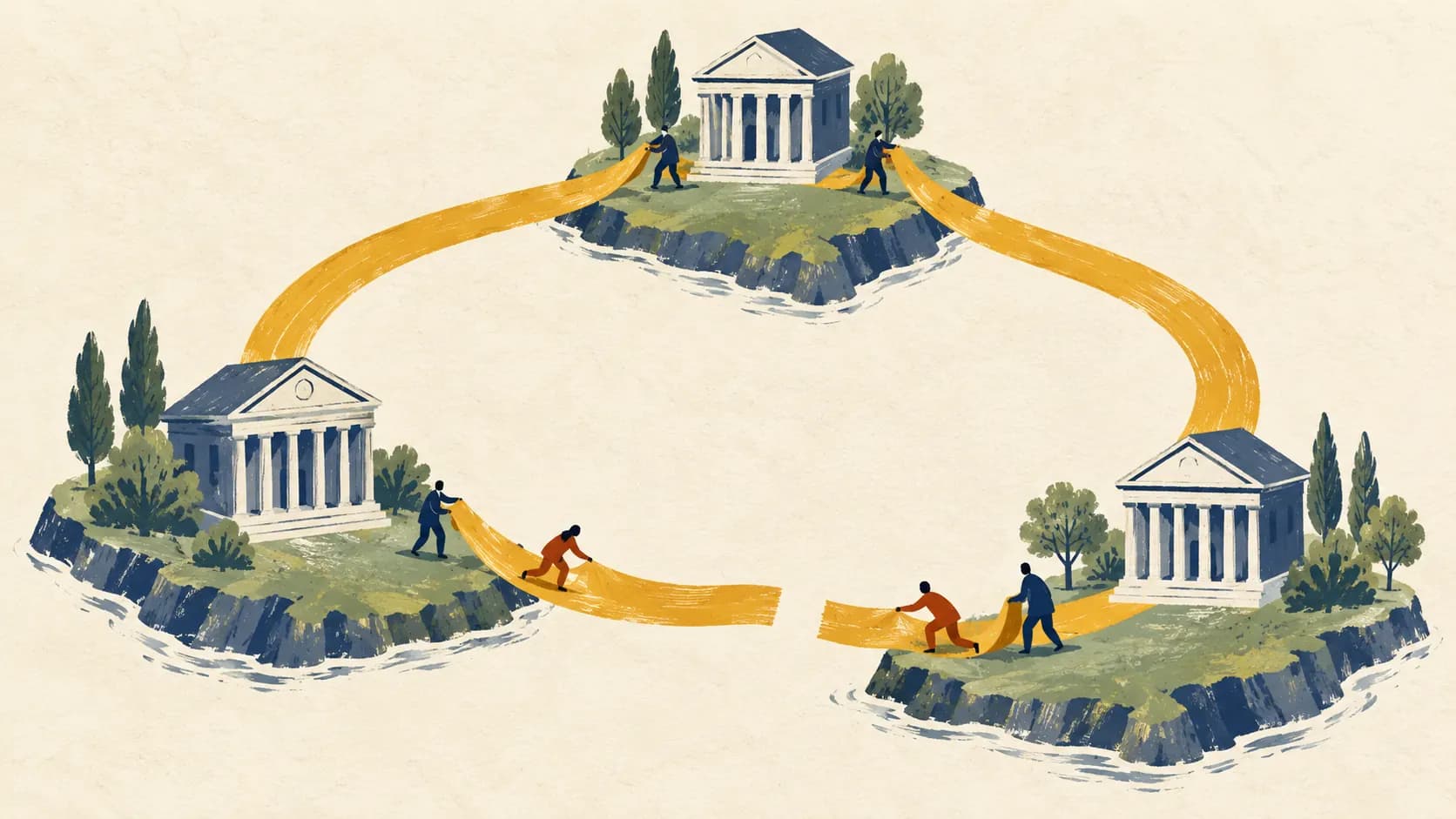 Illustration of three island courthouses connected by bridges being built by figures collaborating
