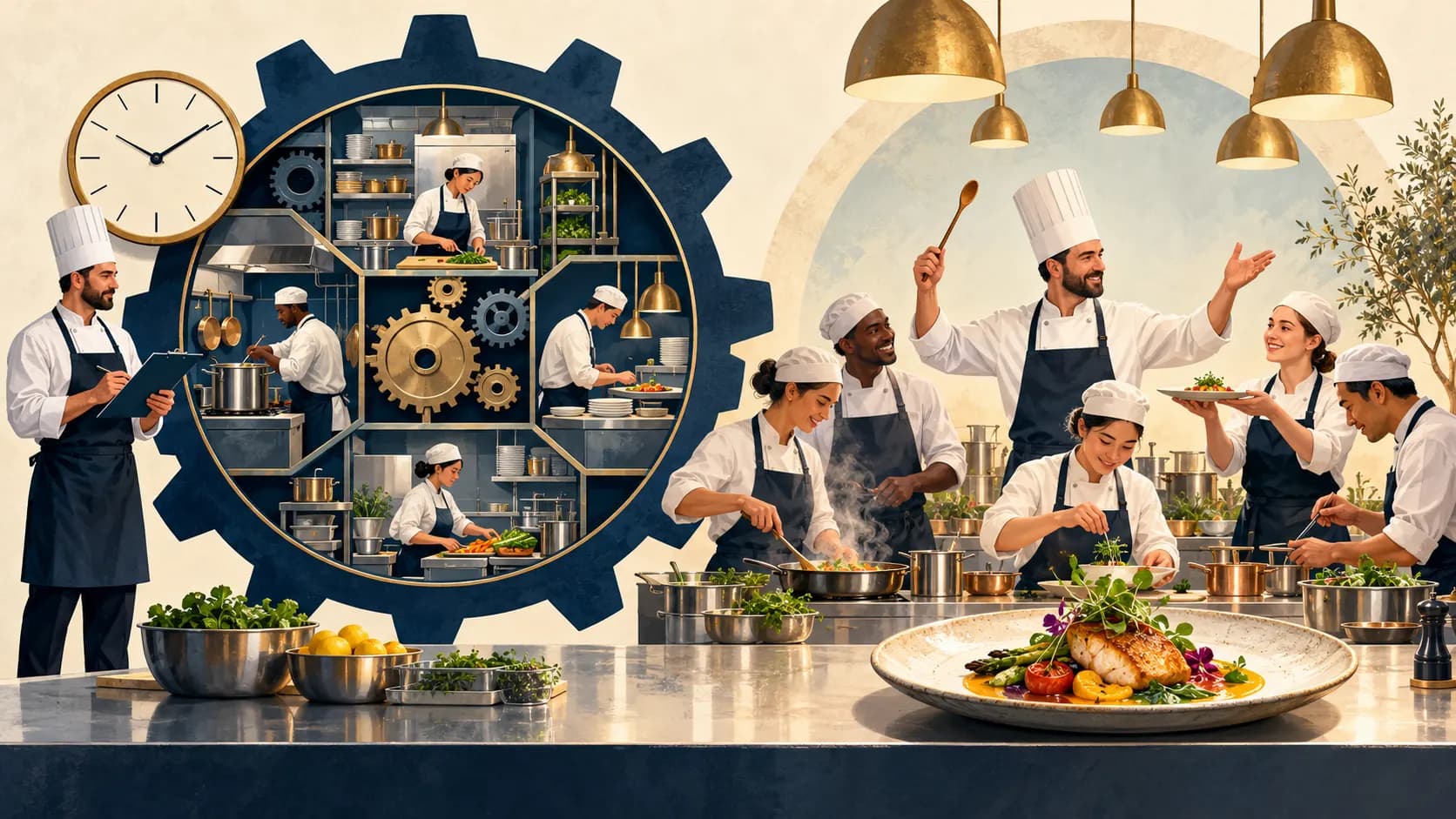 Chefs collaborate in a kitchen, with a gear graphic showing kitchen operations and teamwork